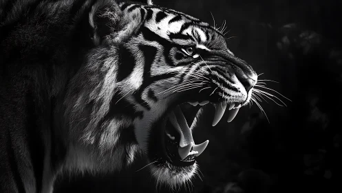 Fierce tiger portrait glowing with wild monochrome energy.