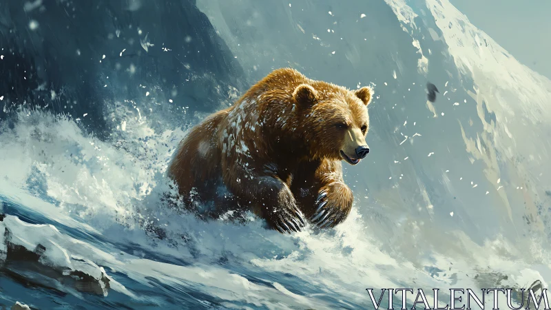 Snow-surfing grizzly rides a frozen avalanche of wild light.