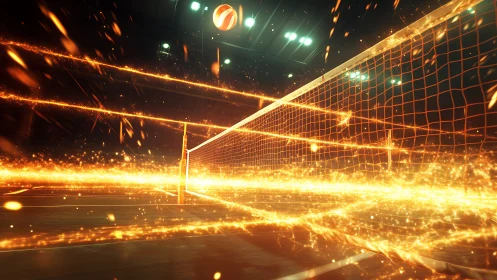 Volleyball court net sliced by dynamic neon light trails