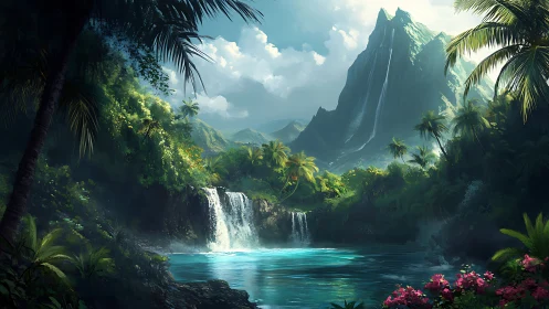 Tropical waterfall lagoon beneath steep mountain cliffs.