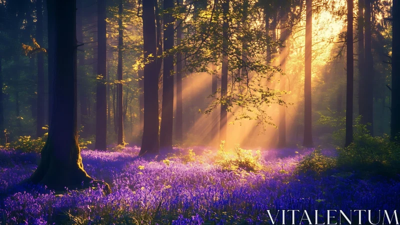 Enchanted forest with purple wildflowers illuminated by golden sunlight through tall trees