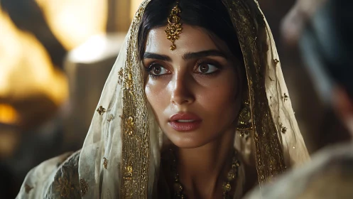 Bride in gilded dupatta under warm cinematic light.