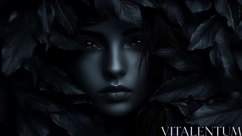 Dark surreal portrait of woman emerging through leaves.