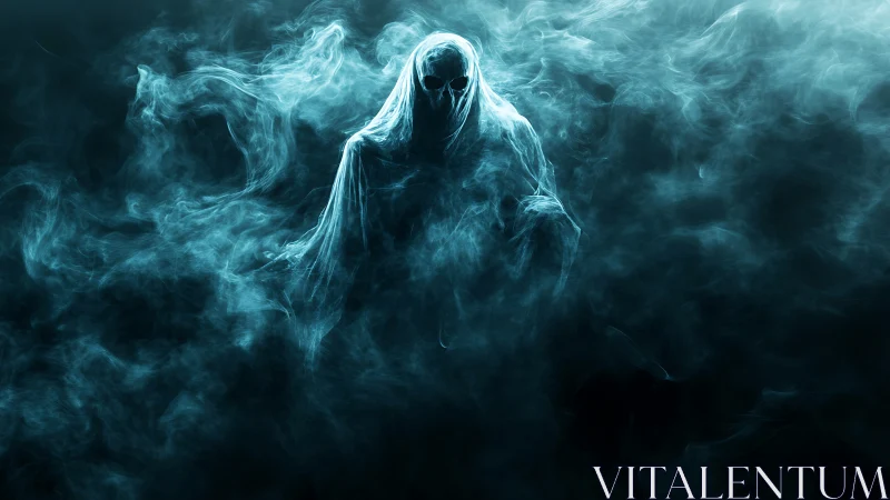 Ghostly hooded figure emerges from dense swirling smoke