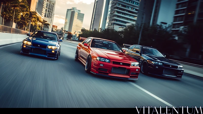 Triple skyline lineup racing through neon-tinged city streets.