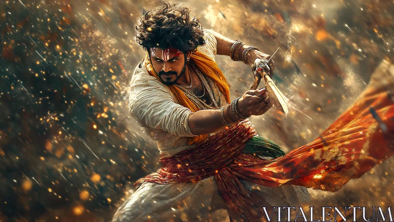 Warrior in mid-action pose with sword amid flying embers.