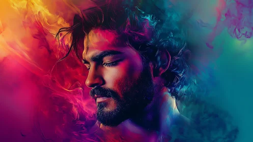 Serene male portrait immersed in vivid swirling color haze.