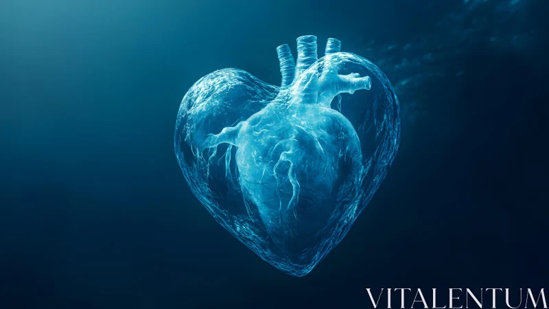 Surreal digital art of human heart shaped from clear water, underwater.