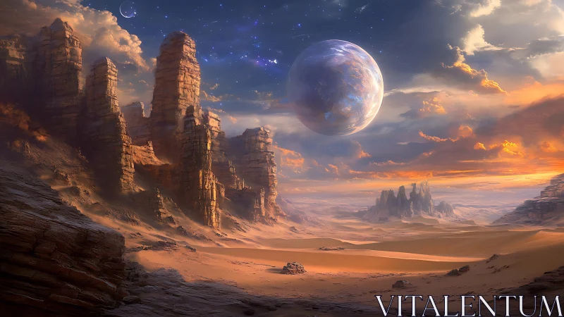 Sunlit alien desert under a gentle glowing planet.