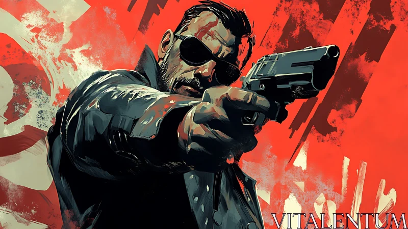 Gunman in dark coat aims pistol against crimson backdrop.