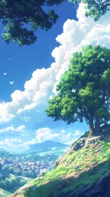 Lone hillside tree overlooks bright valley town under clouds