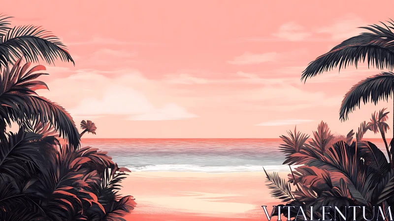 Tropical beach landscape with palm fronds and sunset gradient.