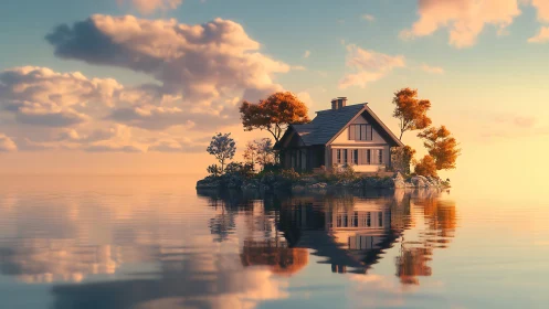 Solitary House on Island at Sunset.