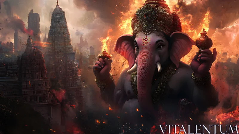 Majestic elephant deity emerges amid burning temple spires.