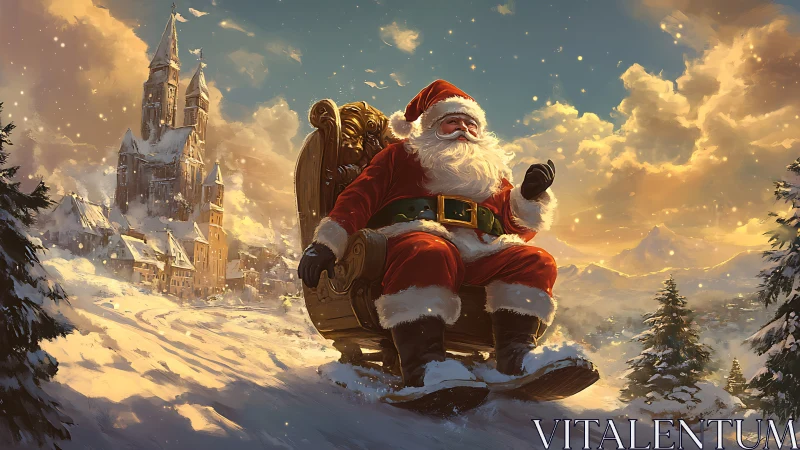 Santa Claus seated on ornate chair in snowy village