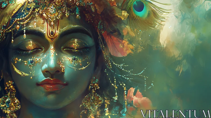 Blue-skinned figure with ornate gold jewelry and peacock feather