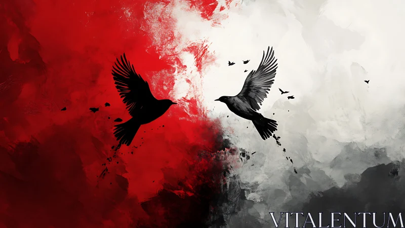 Silhouetted crows dividing red and monochrome abstract fields