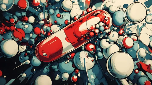Vibrant red and white capsule surrounded by abstract bubbles, digital art.