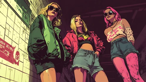 Three young women stand in stylized underground passage