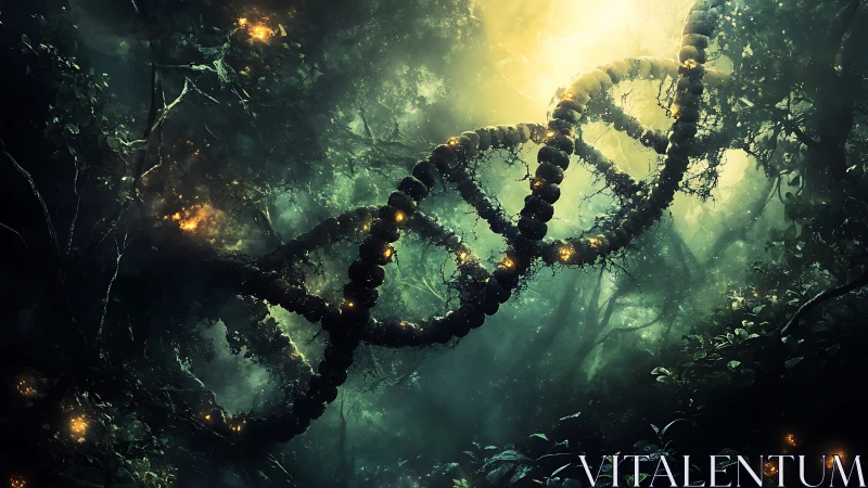 DNA helix entwined with forest canopy in misty light.