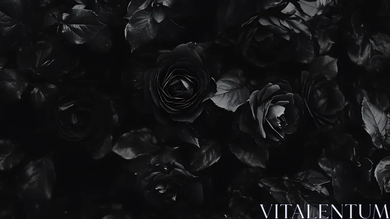 Velvety black roses emerge from deep shadowed foliage.