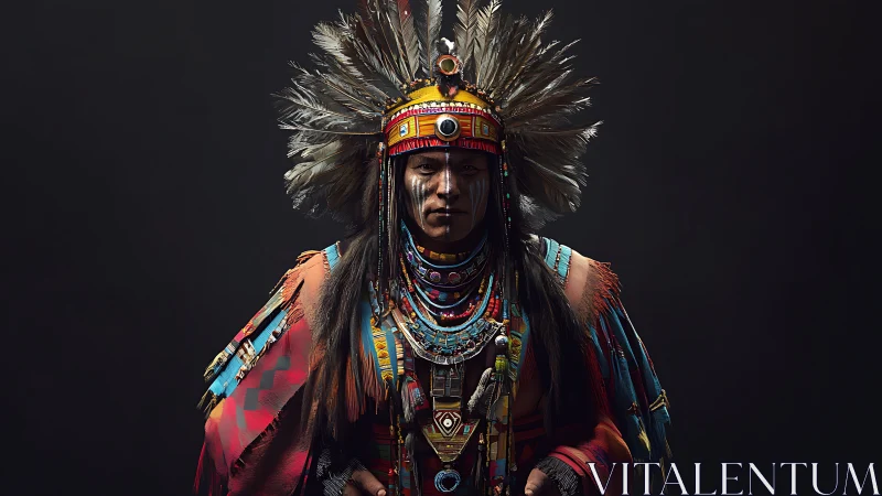 Portrait shows indigenous chief in ornate feathered regalia
