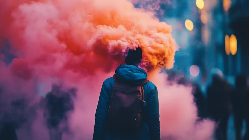 Solitary figure walks through dense neon pink smoke cloud