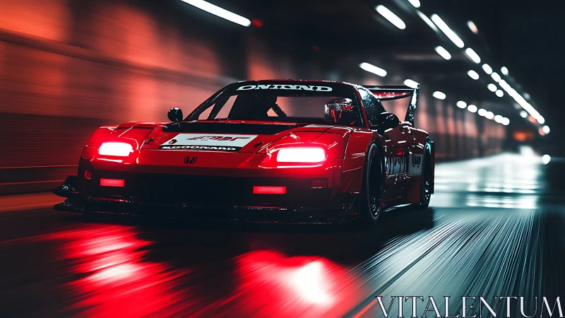 Red tuner car races through neon-lit tunnel at night.