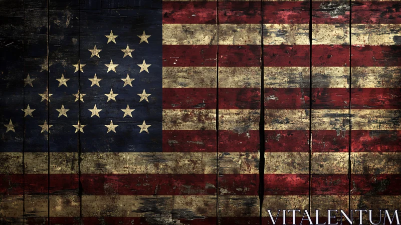 Weathered American flag spreads across rustic wood planks
