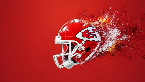 Dynamic football helmet splash with explosive particle dispersion.