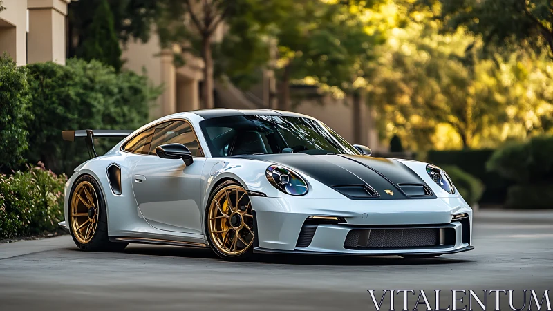 Track-bred silver rocket poised in golden suburban calm.