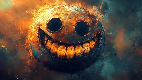 Smiling fireball face blazing through swirling cosmic smoke.