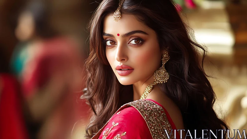 Elegant gaze in red saree and softly glowing gold details.