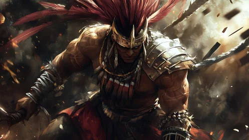 Fierce warrior strides through swirling embers and battle smoke.