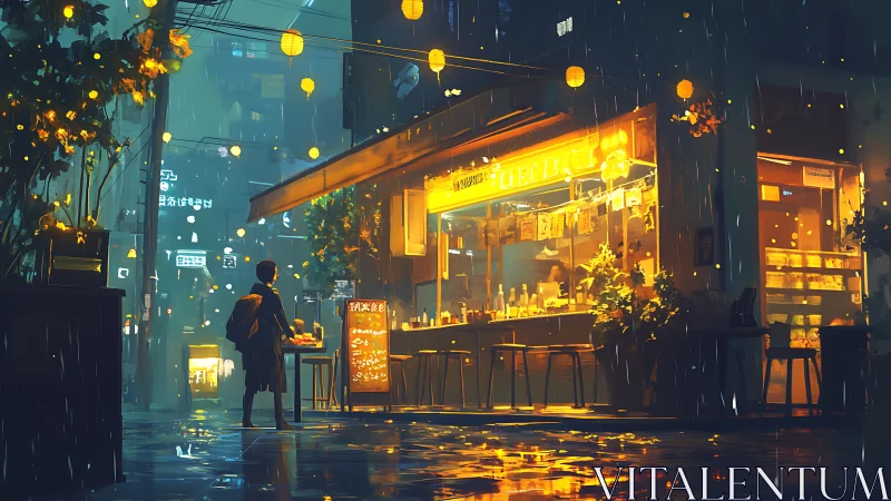 Lone figure studies neon street stall glow in rainy night