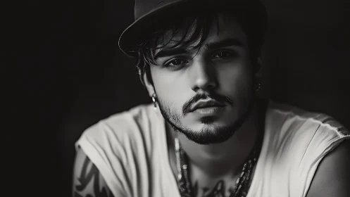 Monochrome shallow‑focus portrait of tattooed young man in cap