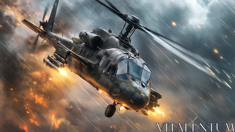 Storm-swept combat helicopter racing through blazing skies.