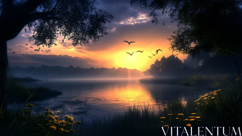 Twilight lake blossoms and winged silhouettes in golden hush.