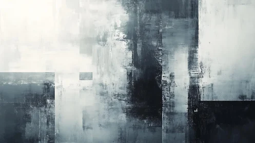 Monochrome Abstract Painting with Geometric Shapes and Textured Layers.