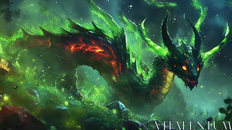 Emerald flame dragon coiled in dense glowing forest scene.