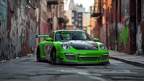 Vivid green Porsche race car stands bold in gritty alleyway.