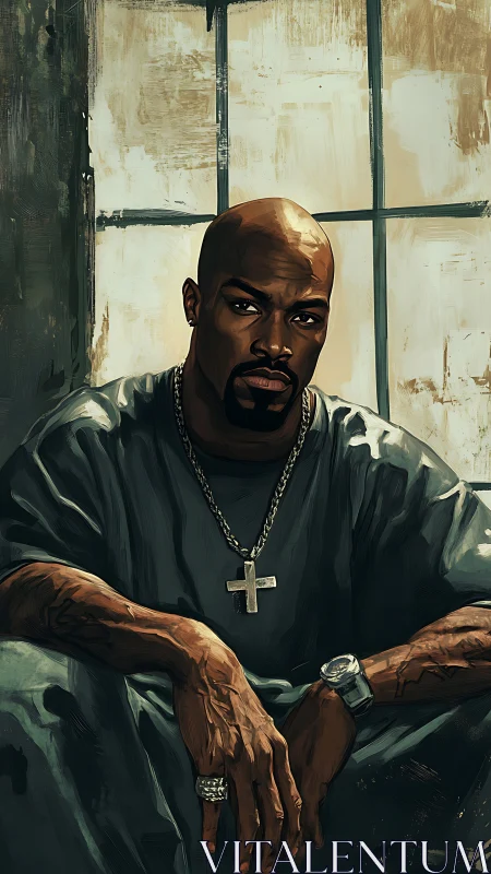 Brooding titan in chains of light before a worn window.