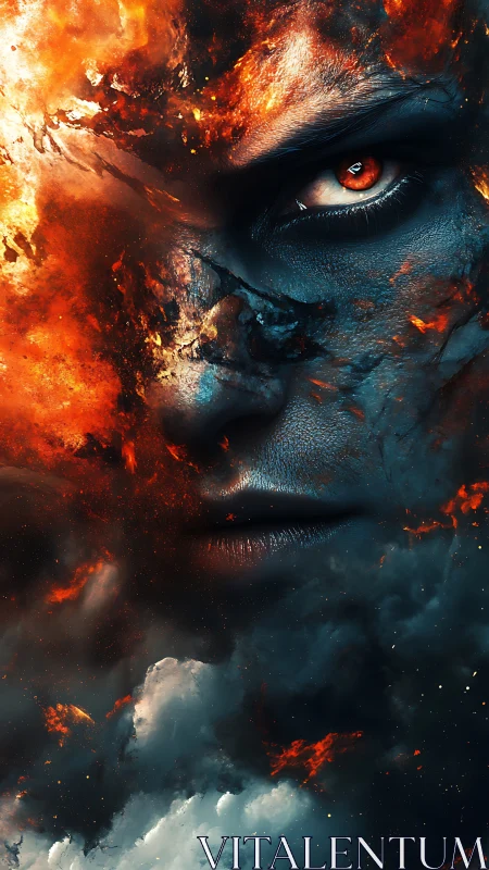 Fiery cosmic face emerging from swirling smoke and stars.