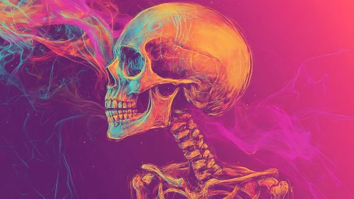 Neon skull silhouette glows through swirling vapor haze.