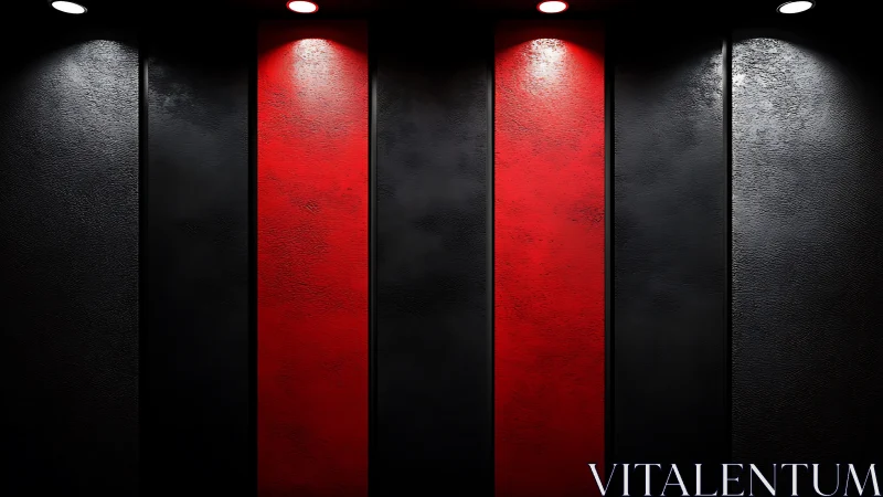 Vertical red and black panels under dramatic spotlights.