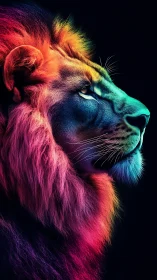 Neon gradient lion profile in dramatic chromatic lighting.