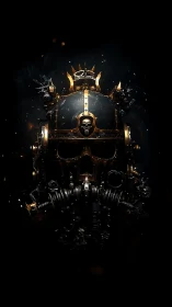 Baroque cyber skull helm with industrial crown and embers.
