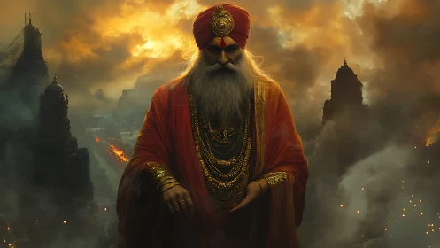 Regal turbaned elder amid burning temples and storm clouds