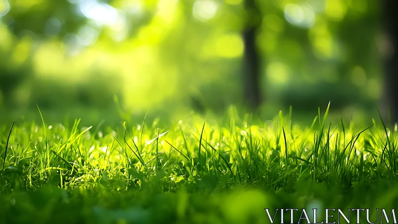 Sunlit close-up of fresh green grass in a soft-focus park scene.