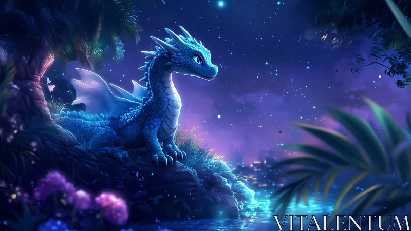 Moonlit baby dragon dreaming by a starlit enchanted river.